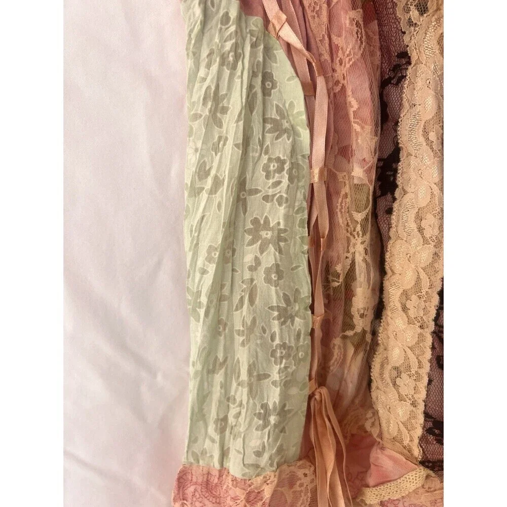 VTG Fairy Grunge Patchwork Lace Corset Cami Tank Top Pink Green Ribbon Floral XS - Picture 4 of 6